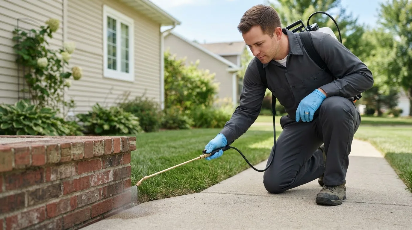 Pest control technician treating a home near Saint Regis Falls, NY